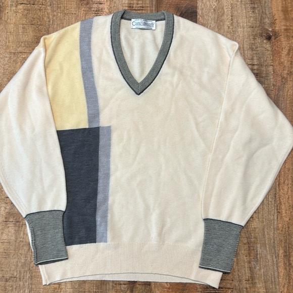 Vtg Clark Gregory Gold Sweater Banded Beige  Long Sleeve Mens Large V-neck (3) - Picture 1 of 5
